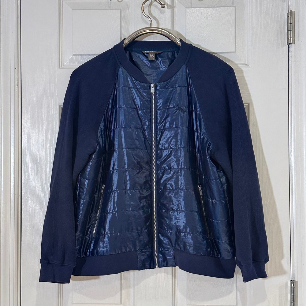 Tommy Bahama Mens Navy Blue Quilted Hybrid Bomber Jacket Puffer Knit Large